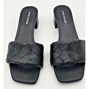 Marc Fisher Women's Sz 9 Casper Black Woven‎ Slide On Sandal Heels Feaux Leather